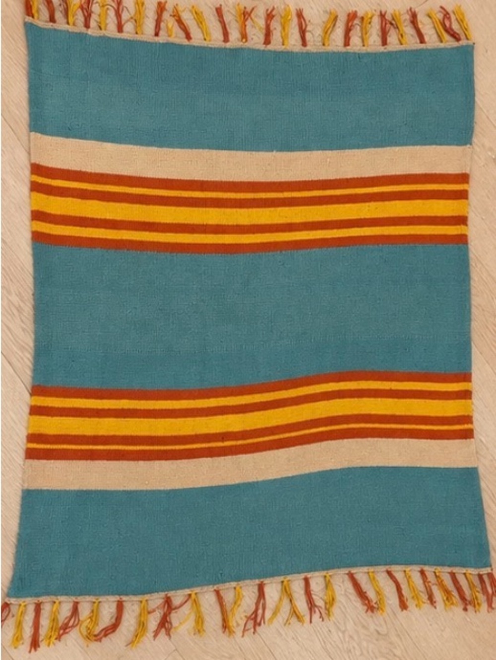 Turquoise Stripe Fringe Throw Blanket with Yellow and Orange southwestern